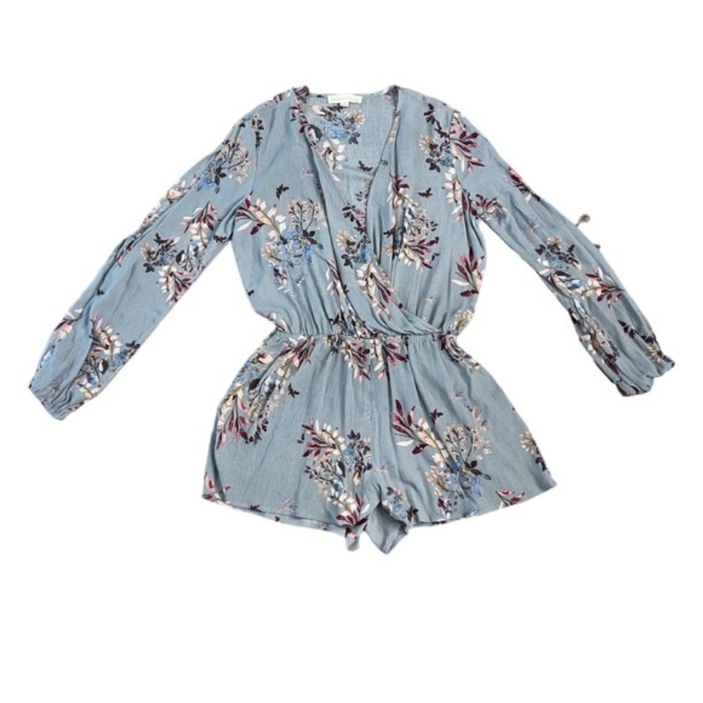 . Lovestitch Long Sleeve Blue Romper Floral Short Vneck Women’s Size M